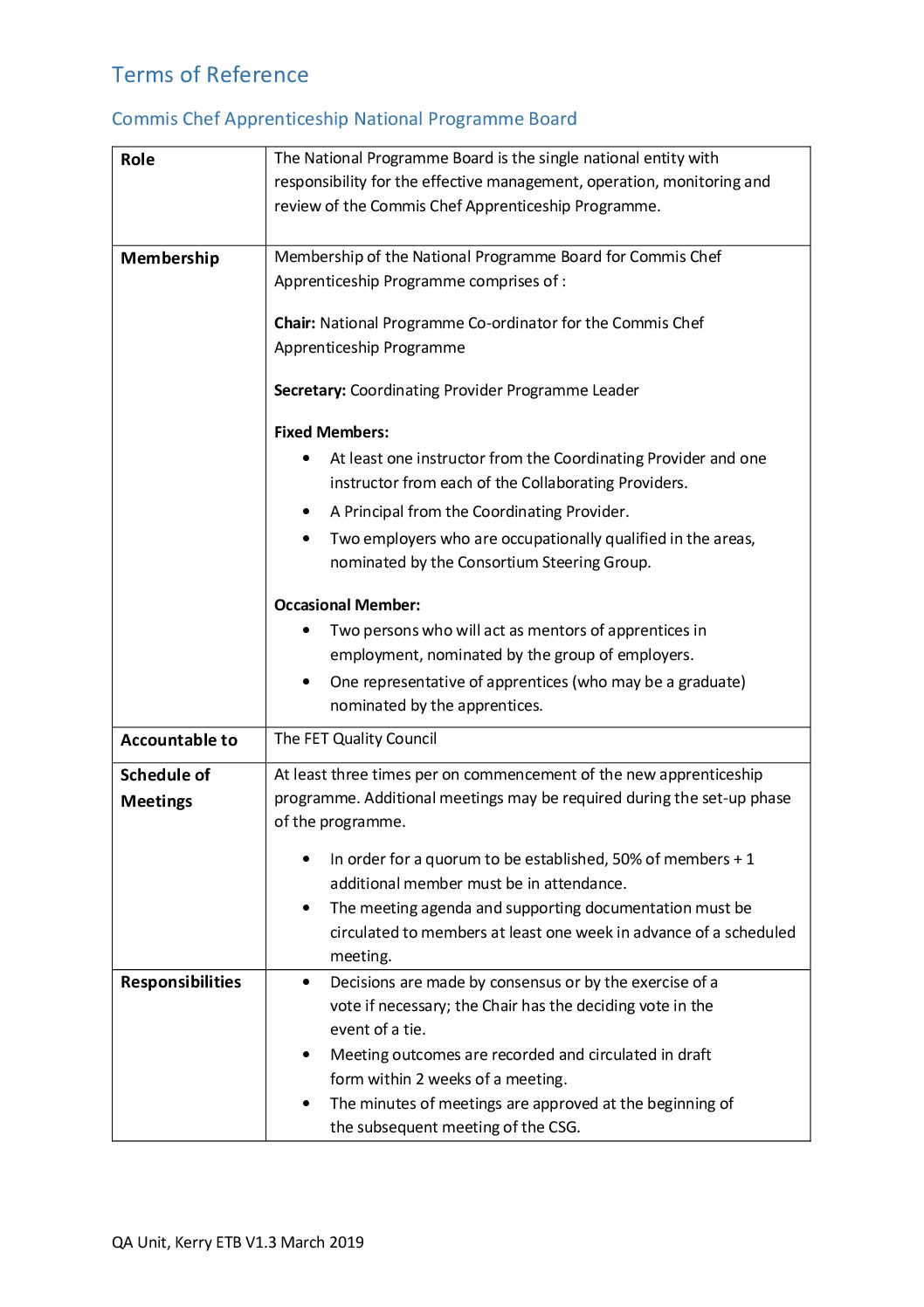 TOR Commis Chef Apprenticeship National Programme Board – Kerry ETB